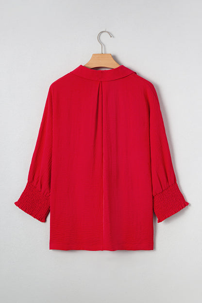 Solid Collared V-Neck Smocked 3/4 Sleeve Top