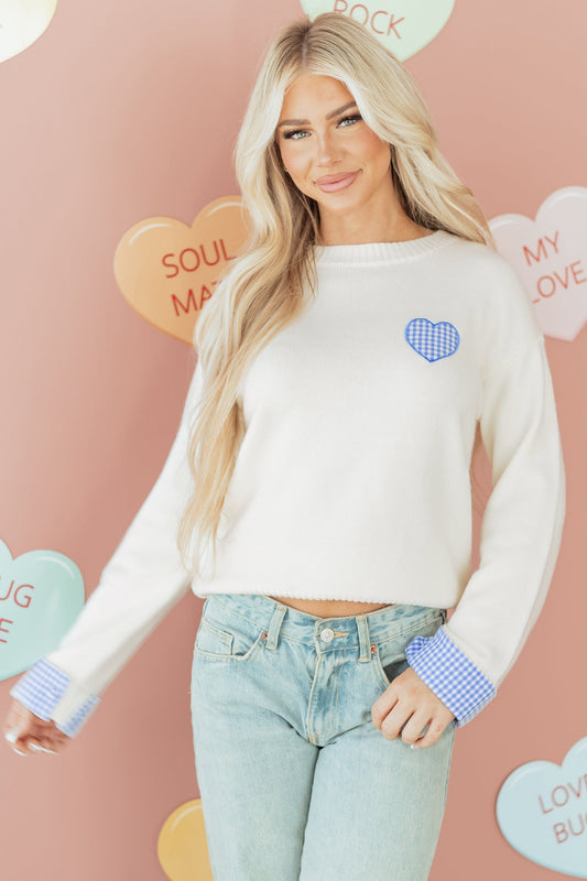 Valentine Gingham Heart Embroidered Crewneck Sweater