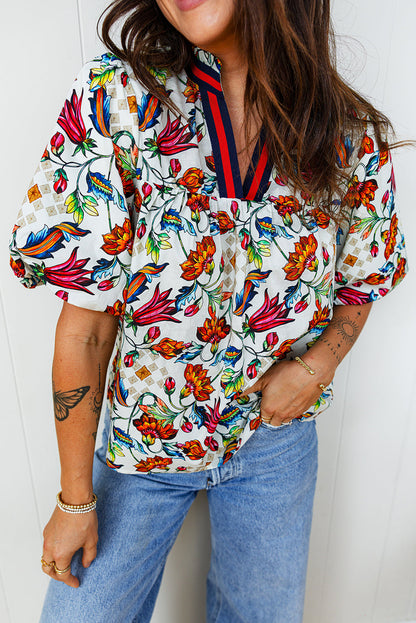 Floral V-Neck Puff Sleeve Blouse
