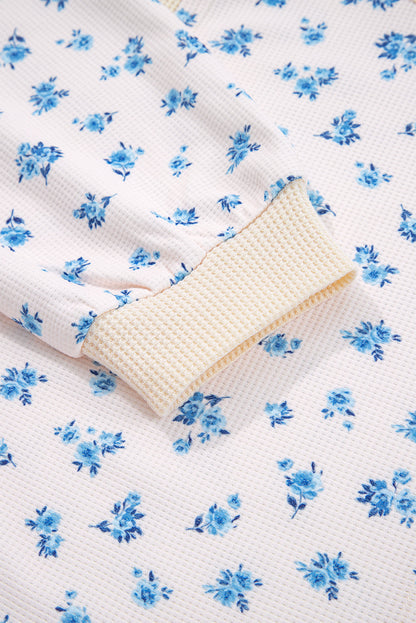 Floral Patchwork Waffle Knit Balloon Sleeve Top