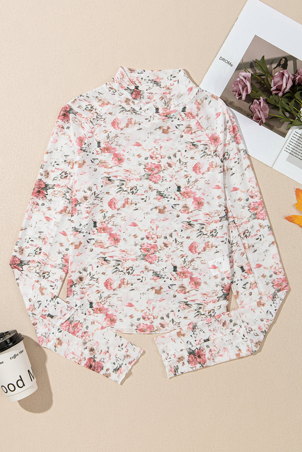Floral Mesh Long Sleeve Mock Neck Top