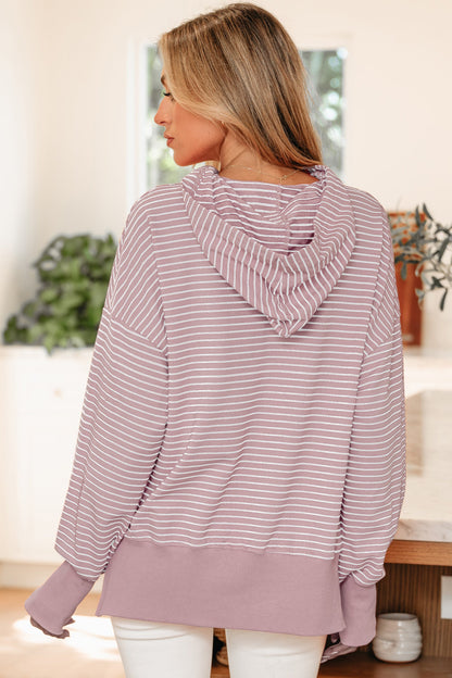 Stripe Thumbhole Side Slit Drop Shoulder Hoodie