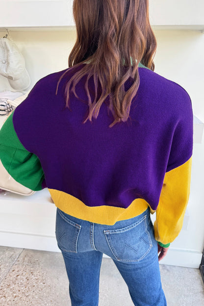 Colorblock Patchwork Fuzzy Mardi Gras Graphic Sweater