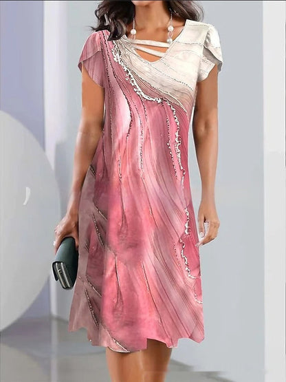 Summer European And American Ladies Casual Fashion V-neck Lace Up Printing Dress