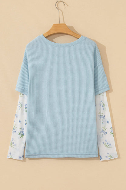 Floral Lace Patchwork Waffle Fake Two-Piece Top