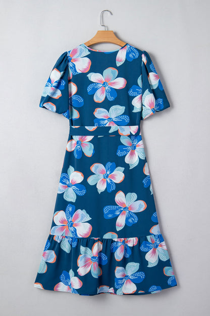 Floral Short Puff Sleeve Ruffle Belted Dress
