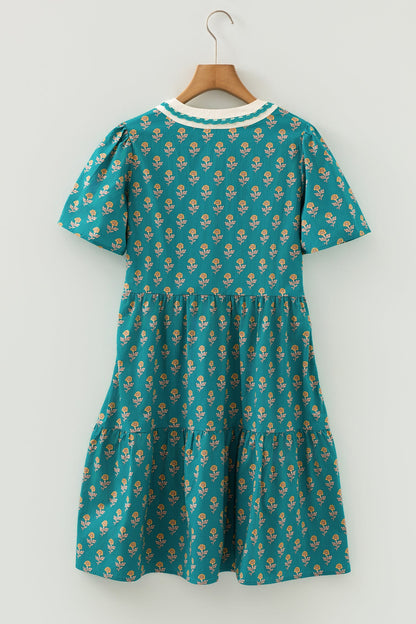 Floral V-Neck Contrast Trim Dress