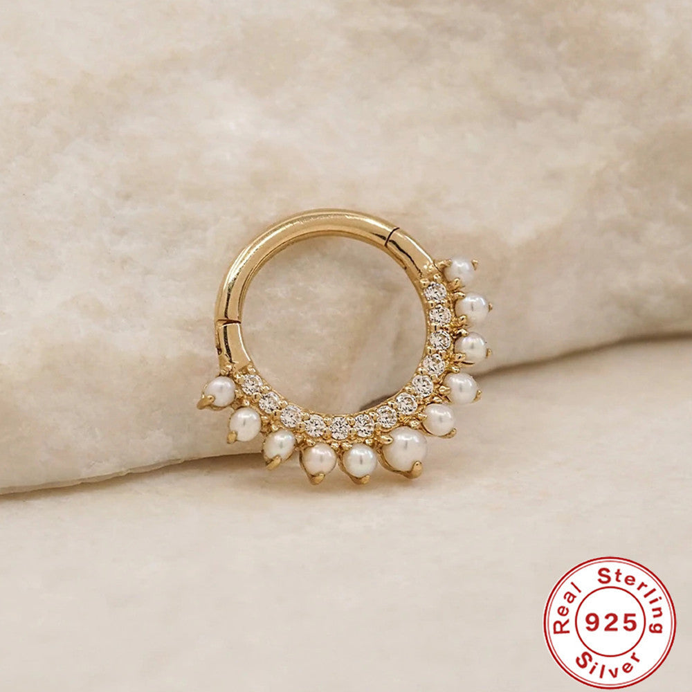 S925 Silver Double Row Rhinestone Pearl Ear Stud