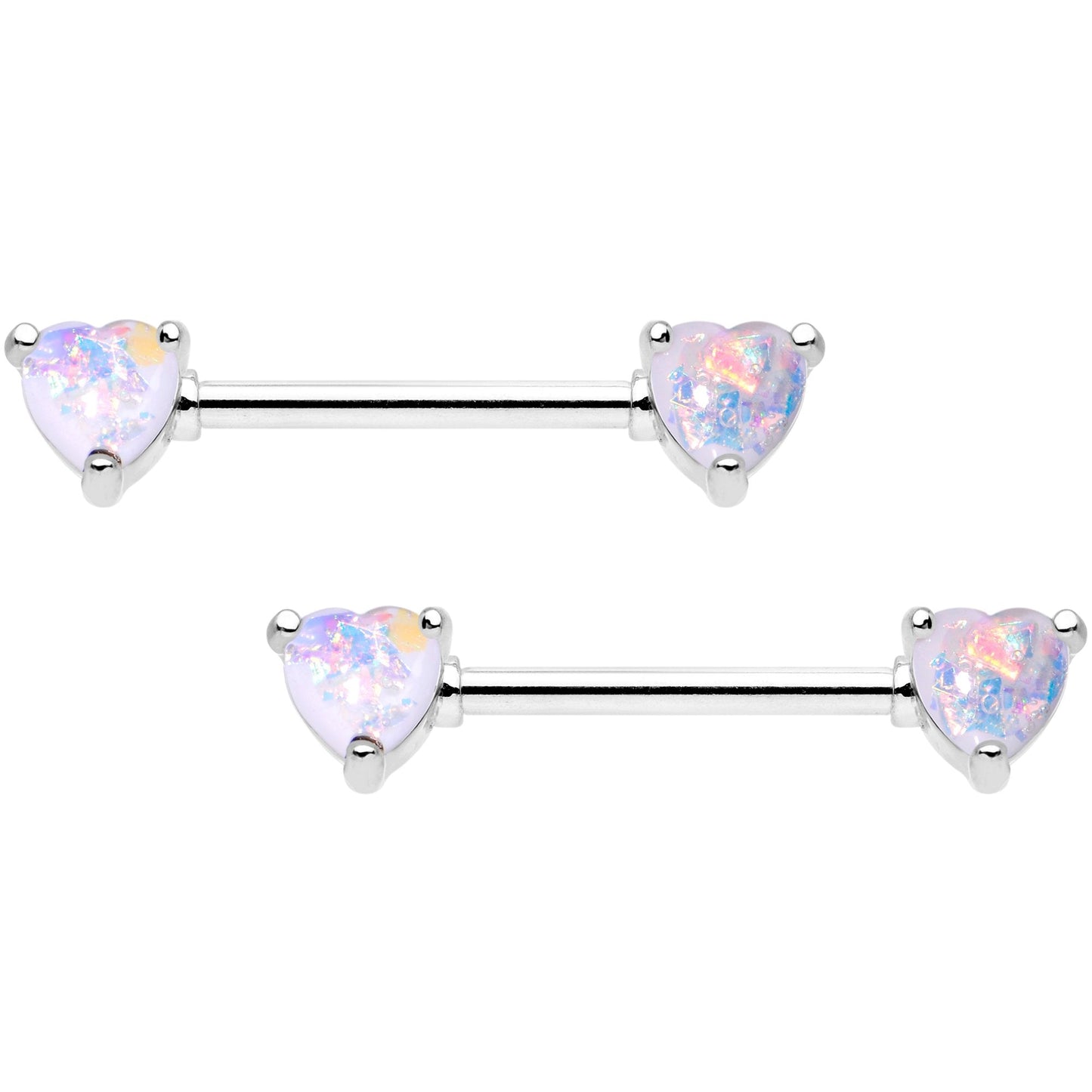 White Faux Opal Heart Captive Ring Straight Barbell Nipple Ring Set