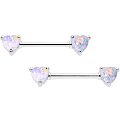 White Faux Opal Heart Captive Ring Straight Barbell Nipple Ring Set