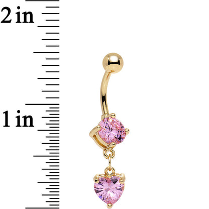 Pink Gem Gold Anodized Drop Me a Line Heart Dangle Belly Ring