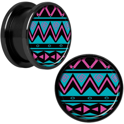 Pink Teal Tribal Print Black Anodized Screw Fit Plug Set 5/8