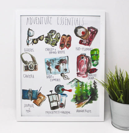Adventure Essentials Art Print 11x14in, Home Decor, Travel Art, Wall Artwork