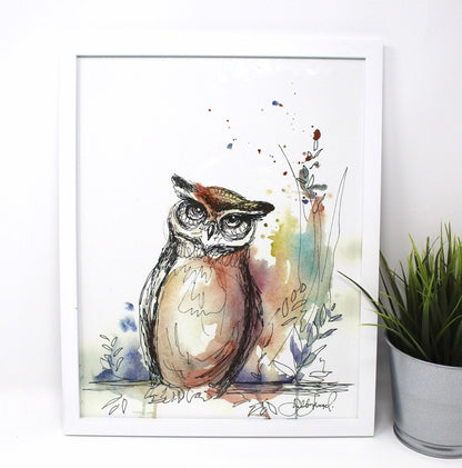 Owl Mixed Media Art Print, 11x14 in, Animal Art, Home Decor, Nursery Art