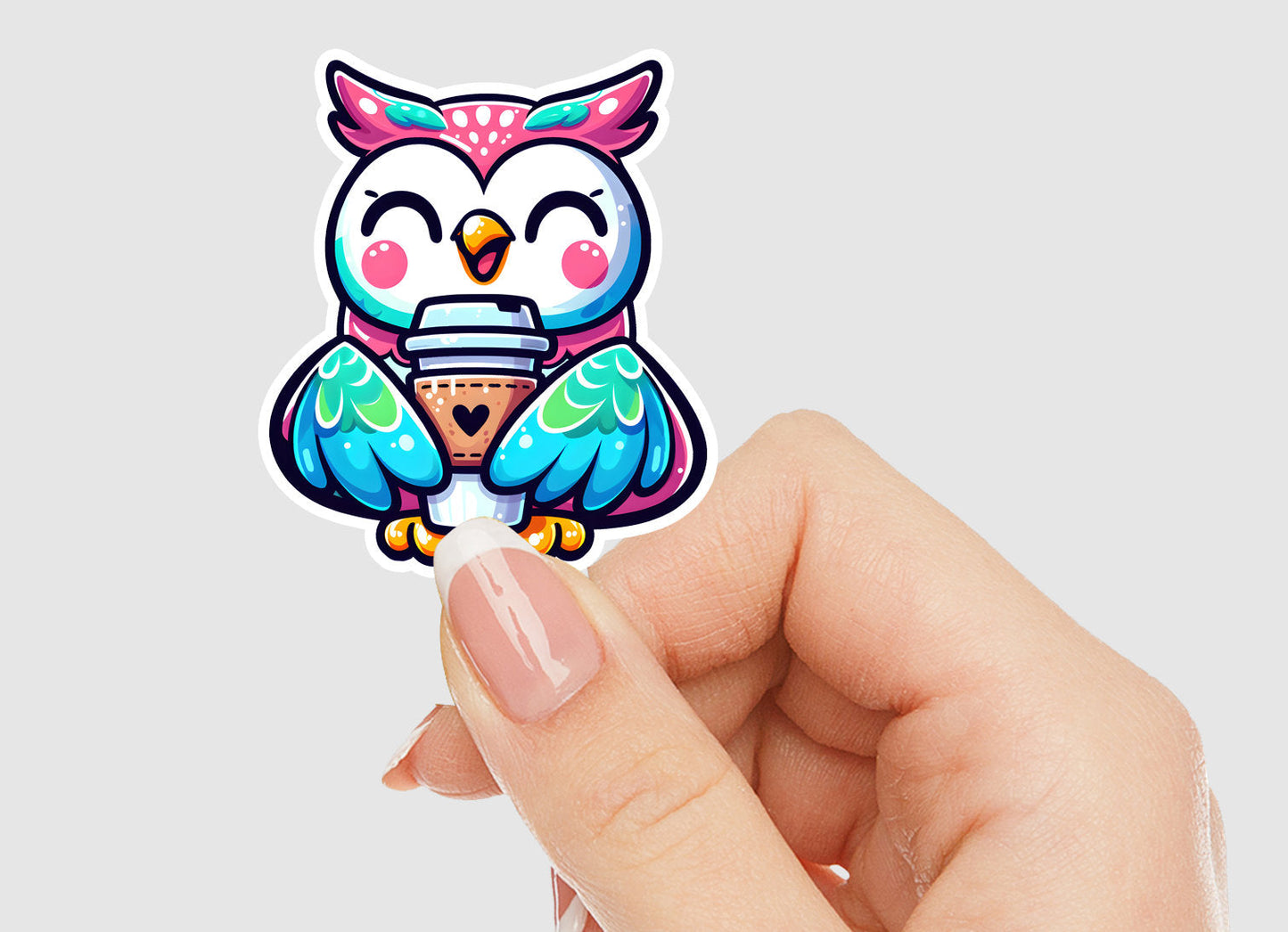 Kawaii Owl with Coffee Vinyl Sticker