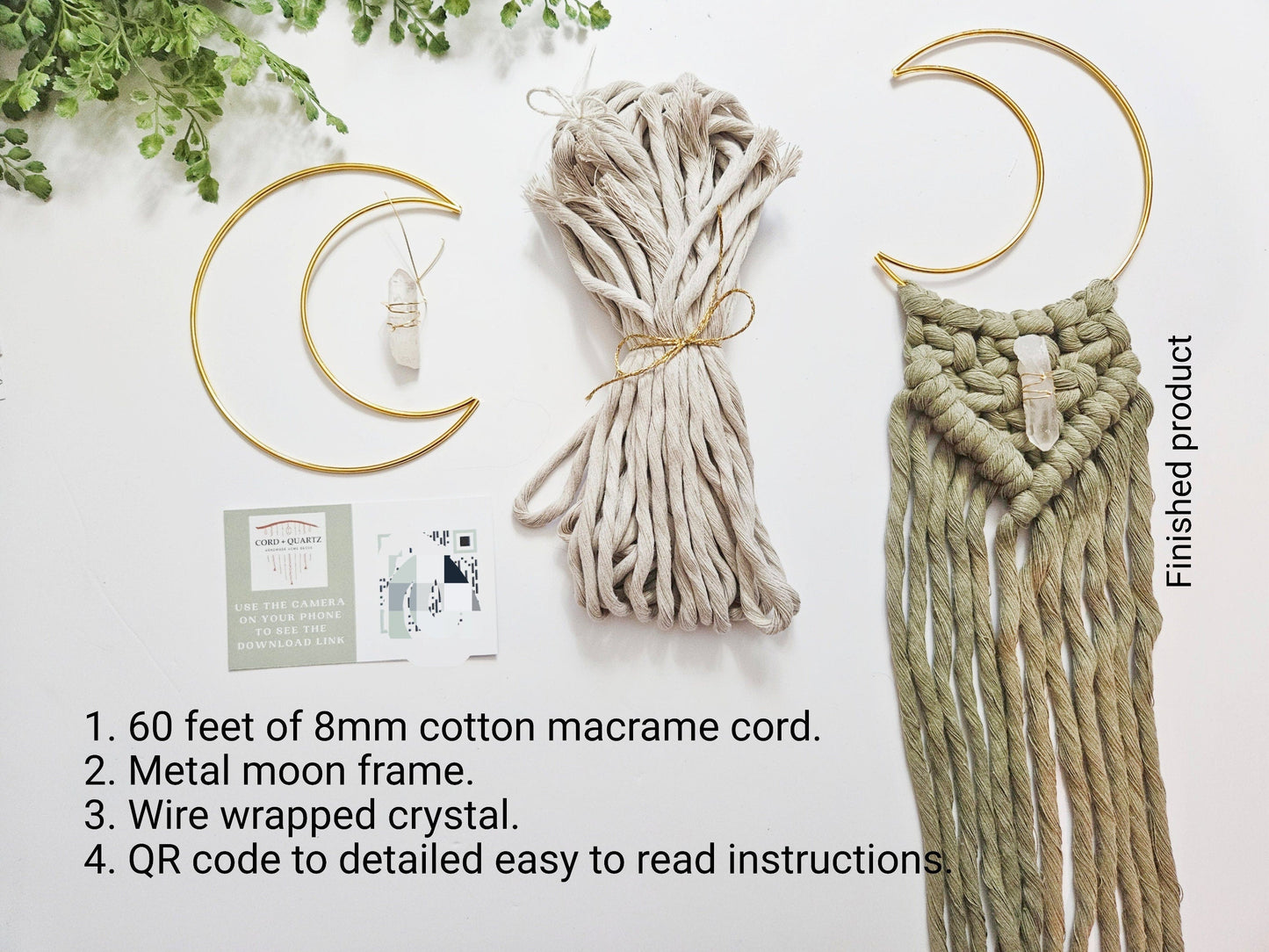 Macrame moon and crystal DIY KIT. Beginner tutorial and materials.