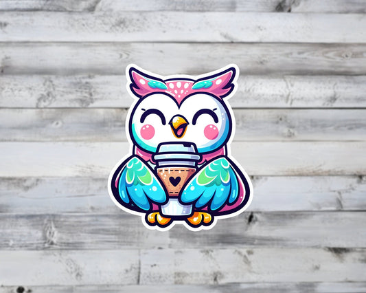 Kawaii Owl with Coffee Vinyl Sticker