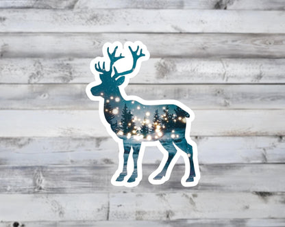 Reindeer and Winter Forest Double Exposure Vinyl Sticker