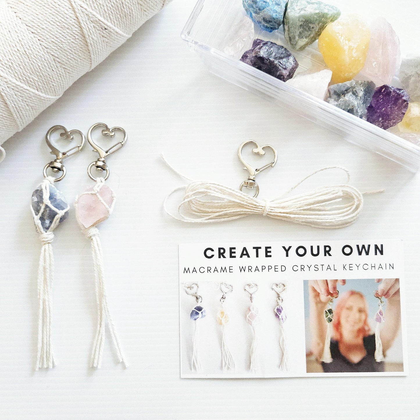 Macrame wrapped crystal keychain DIY craft kit.