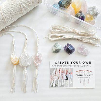 Macrame wrapped crystal rear view mirror charm DIY craft kit.