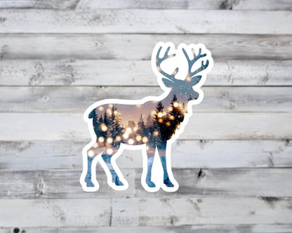 Festive Reindeer and Winter Forest Double Exposure Vinyl Sticker
