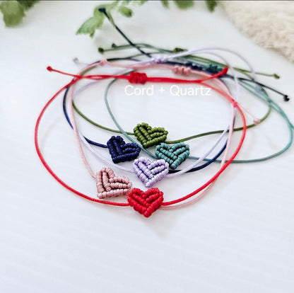 Macrame mini heart bracelets. Adjustable for kids and adults.