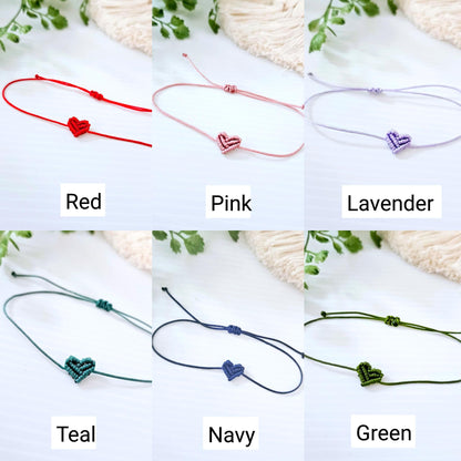 Macrame mini heart bracelets. Adjustable for kids and adults.