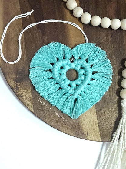Macrame heart rear view mirror charm pdf pattern tutorial.