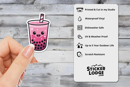 Pink Boba Tea Vinyl Sticker – Cute Happy Bubble Tea Kawaii Decal