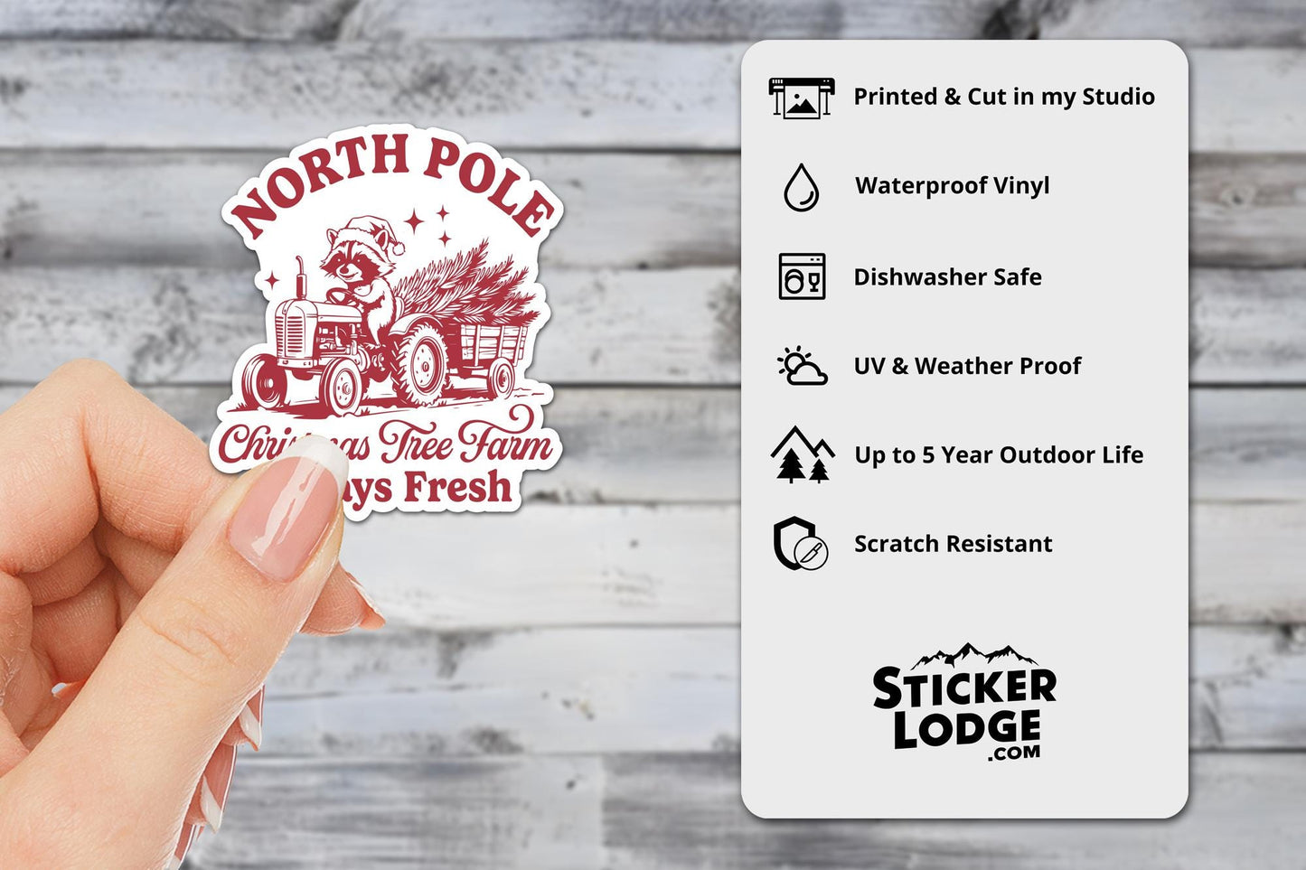 North Pole Christmas Tree Farm Raccoon Vinyl Sticker