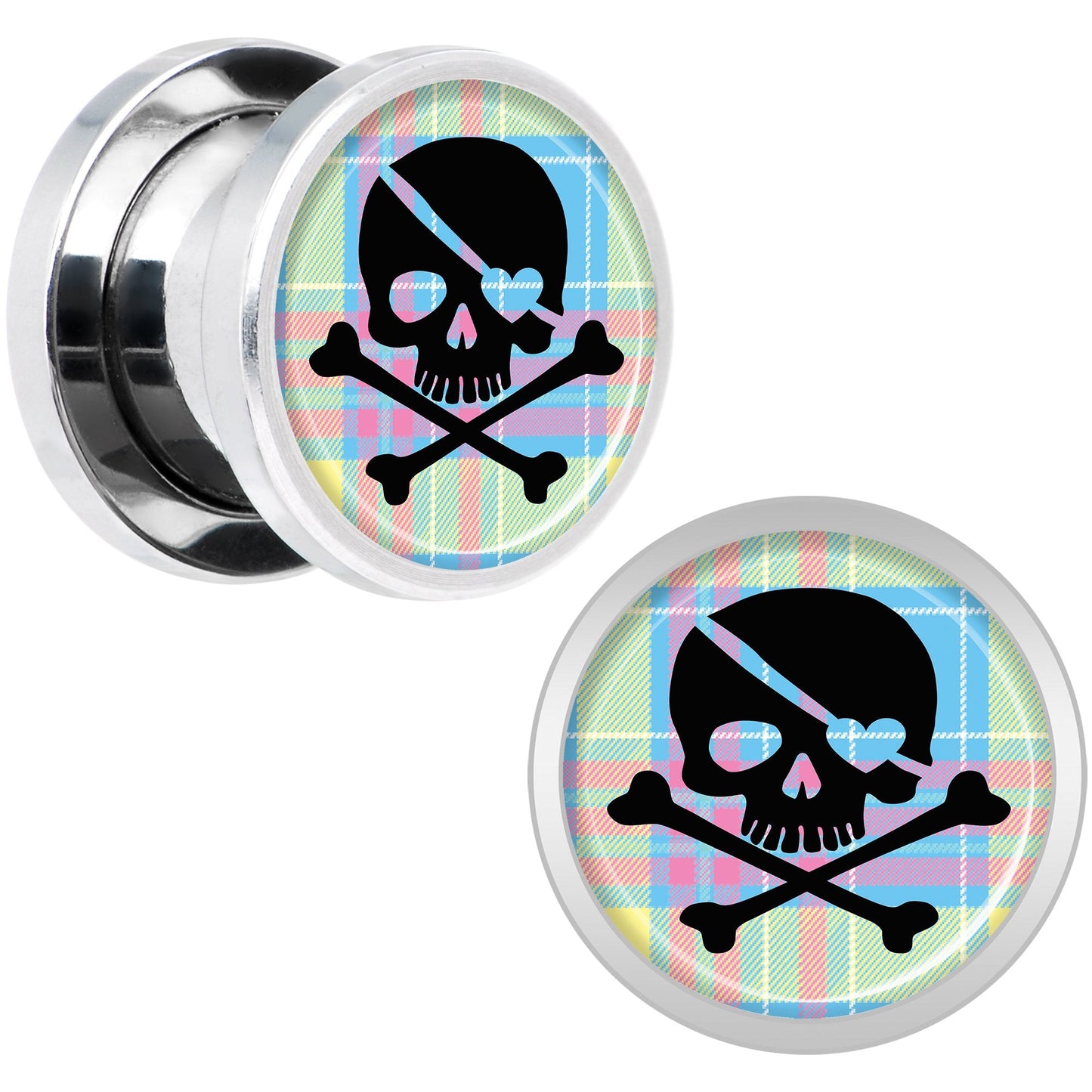 Pink Green Plaid Heart Skull Steel Screw Fit Plug Set 00G