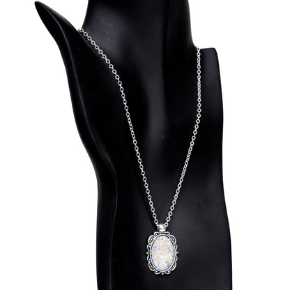 Handcrafted White Faux Opal Splash Silver Plated Chain Necklace