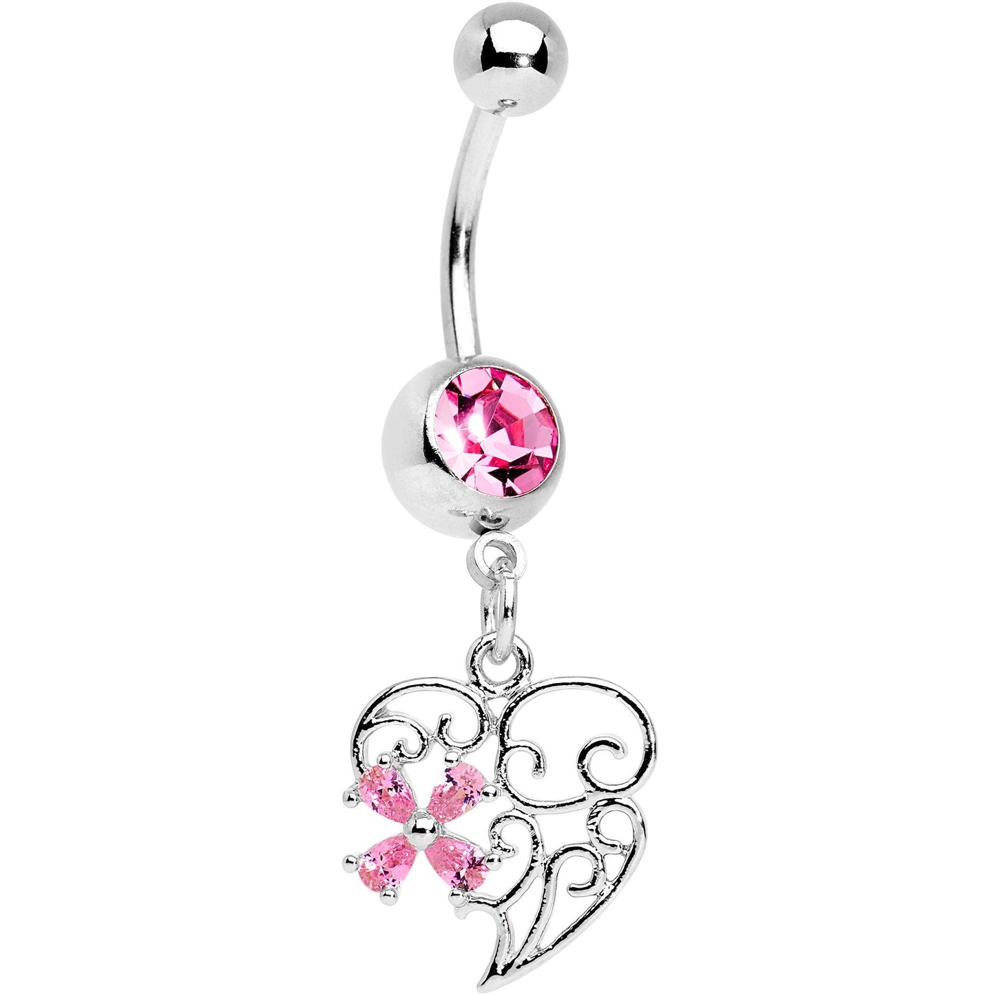 Pink Gem Filigree Heart Flower Dangle Belly Ring