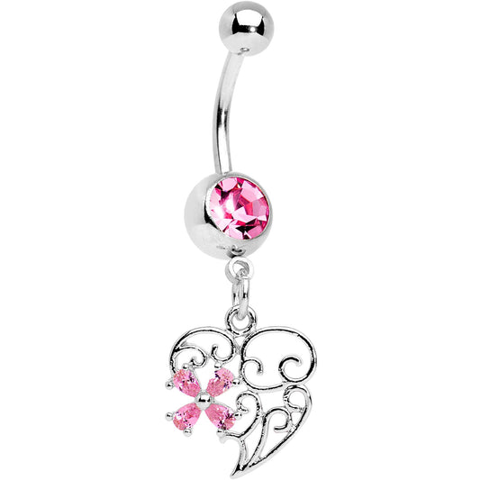 Pink Gem Filigree Heart Flower Dangle Belly Ring