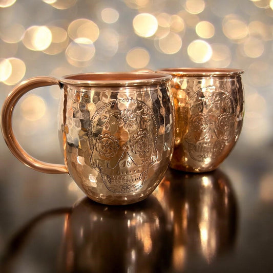 Set of Two Copper Barrel Mugs with Chiselled Skull (Day of the Dead), Hammered and Shiny Finish