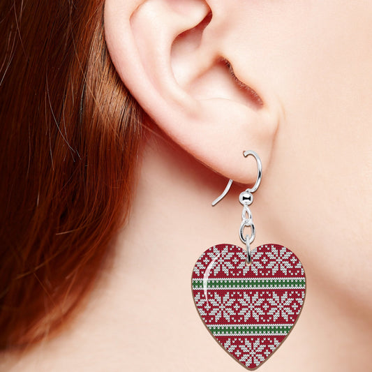 Red Green Christmas Sweater Heart Fishhook Dangle Earrings