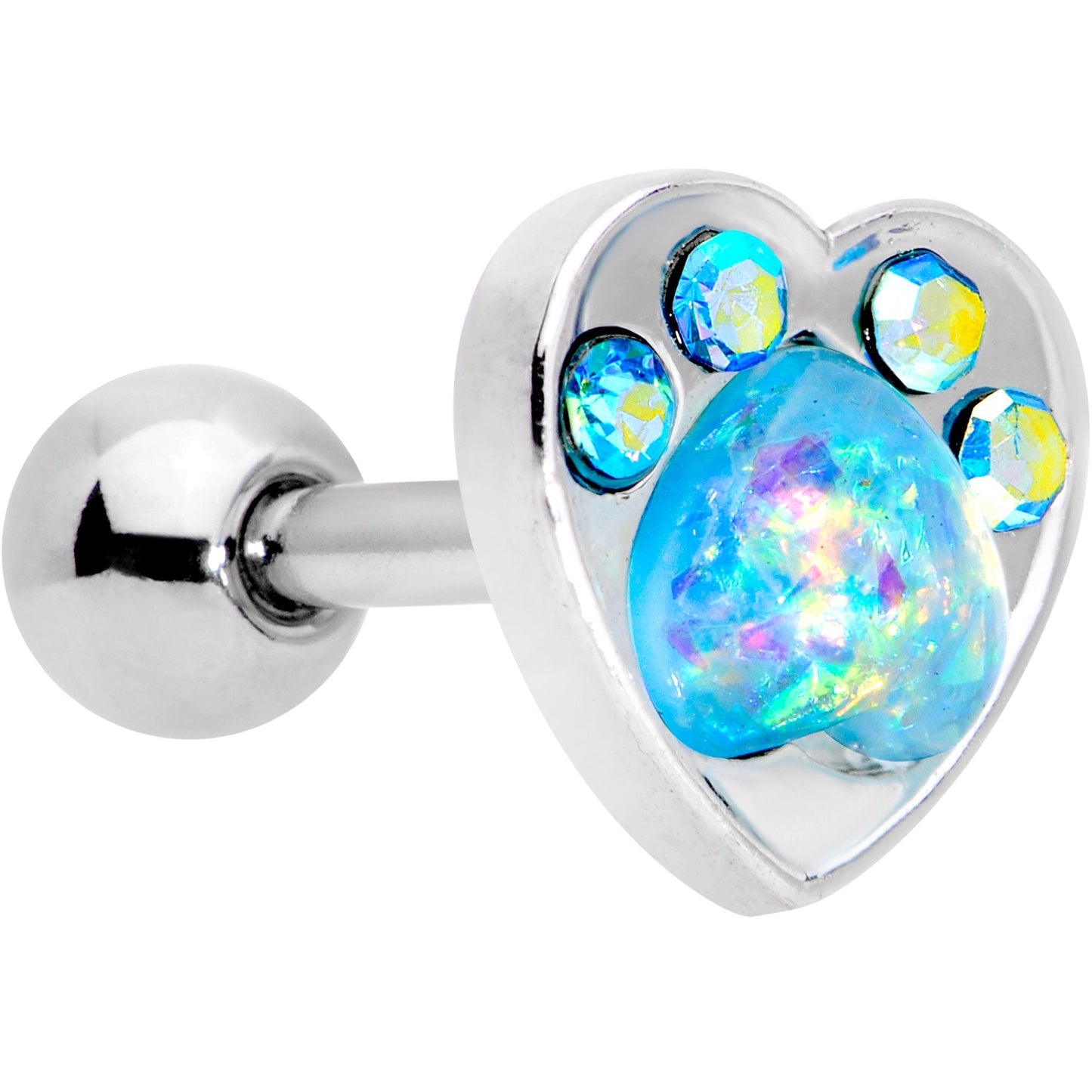 16G 1/4 Blue Faux Opal Paw Print Heart Cartilage Tragus Earring
