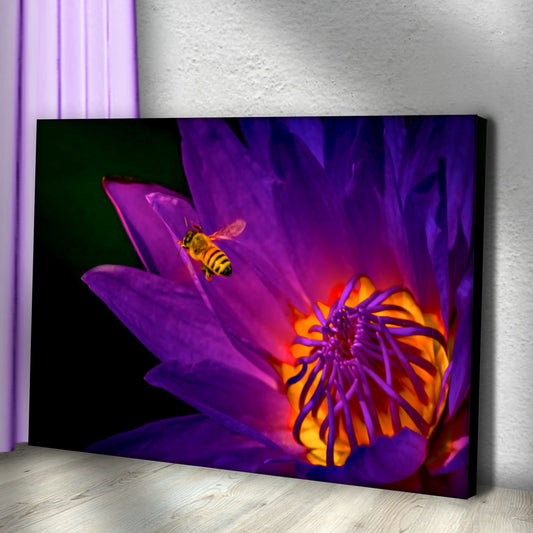 Dramatic Bee On Purple Flower Canvas Wall Art