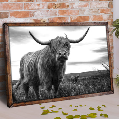 Highland Cow Black And White Portrait Canvas Wall Art