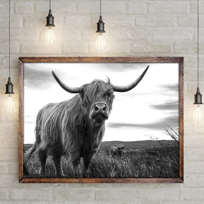 Highland Cow Black And White Portrait Canvas Wall Art