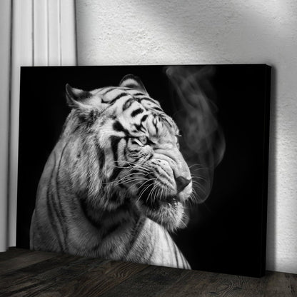 Black And White Smoking Tiger Canvas Wall Art