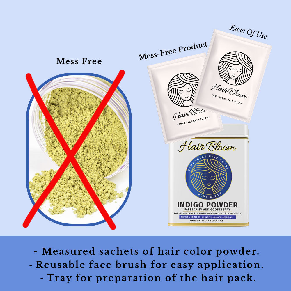 Hair Bloom Natural Blue Black Hair Color- Herbal Indigo w/ False Daisy & Gooseberry Hair Color Powder- 12 individual sachets (10 gm each)- Reusable Brush & Tray Included