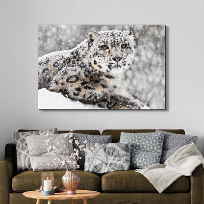 Snow Leopard In Blizzard Canvas Wall Art
