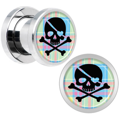 Pink Green Plaid Heart Skull Steel Screw Fit Plug Set 0G