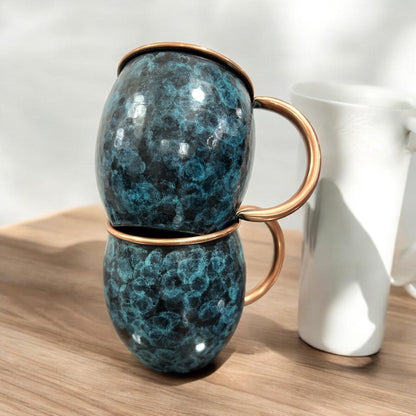 Set of Two Copper Barrel Mugs, Hammered and Stained Blue Patina