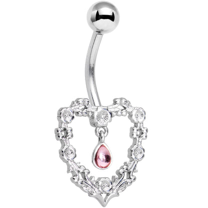 Pink Gem Dangle Floral Heart Belly Ring