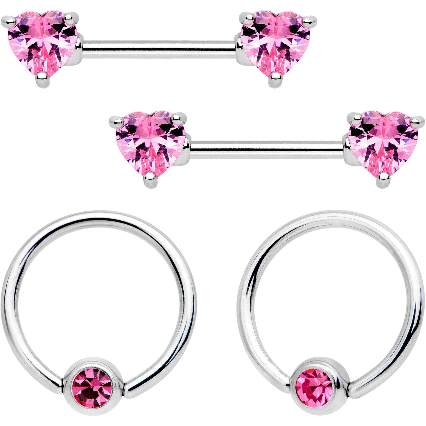 14G 9/16 Pink Gem Heart Captive Ring Barbell Nipple Ring Set