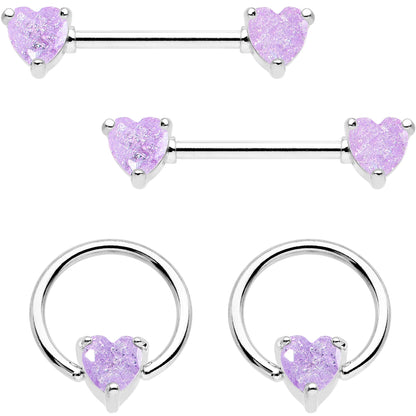 14G Purple CZ Gem Heart Captive Ring Barbell Nipple Ring Set