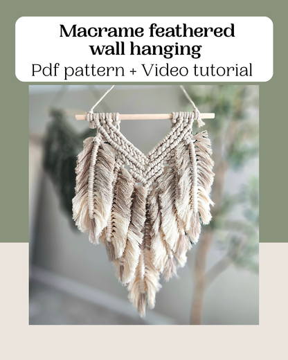 Macrame layered feather wall hanging PDF pattern + Video tutorial. Step by step macrame pattern. intermediate