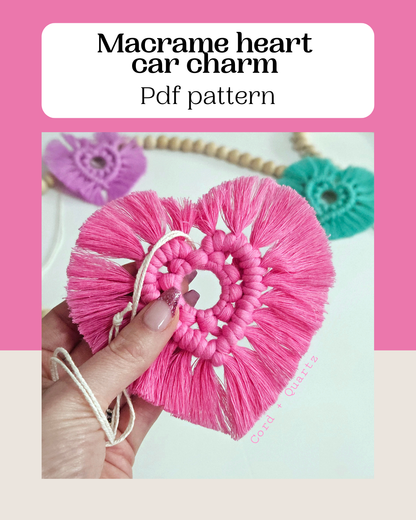 Macrame heart rear view mirror charm pdf pattern tutorial.
